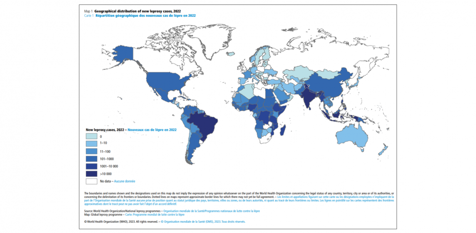 Map reflecting epidemiological data on leprosy, 2022.